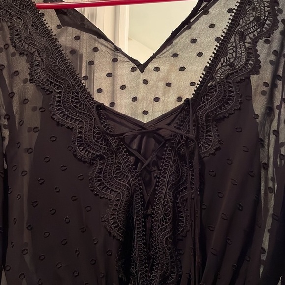 Express Black Clip Dot Sheer Chiffon Romper; tonal dot pattern and lace detail - Picture 4 of 8